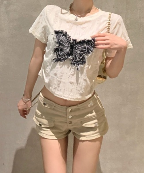 SHEPP(シープ)の「Y2Kバタフライモチーフコンパクトダメージ半袖Tシャツ(Tシャツ/カットソー・レディース・ブラック/ホワイト/グレー・F)」の7枚目の写真