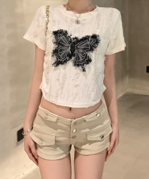 SHEPP(シープ)の「Y2Kバタフライモチーフコンパクトダメージ半袖Tシャツ(Tシャツ/カットソー・レディース・ブラック/ホワイト/グレー・F)」の8枚目の写真