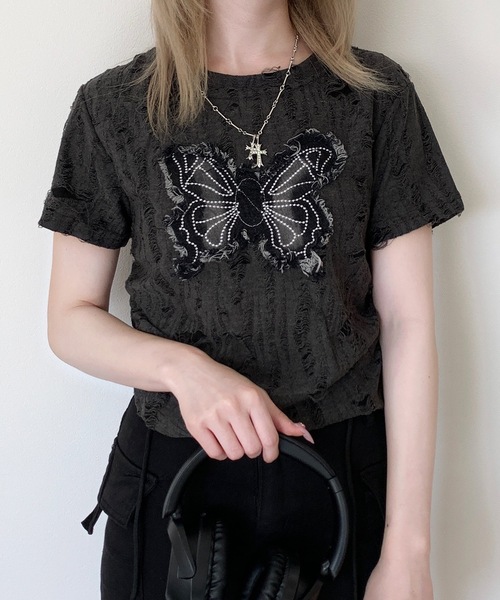 SHEPP(シープ)の「Y2Kバタフライモチーフコンパクトダメージ半袖Tシャツ(Tシャツ/カットソー・レディース・ブラック/ホワイト/グレー・F)」の10枚目の写真