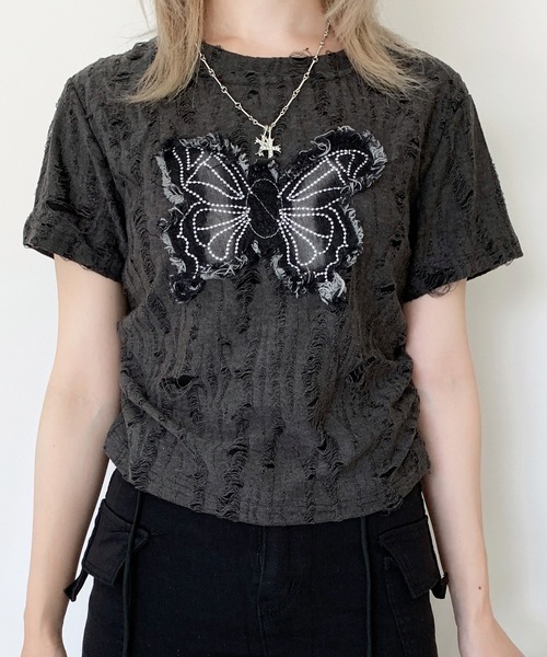SHEPP(シープ)の「Y2Kバタフライモチーフコンパクトダメージ半袖Tシャツ(Tシャツ/カットソー・レディース・ブラック/ホワイト/グレー・F)」の11枚目の写真