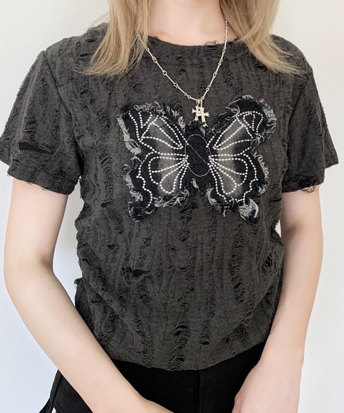 SHEPP(シープ)の「Y2Kバタフライモチーフコンパクトダメージ半袖Tシャツ(Tシャツ/カットソー・レディース・ブラック/ホワイト/グレー・F)」の12枚目の写真