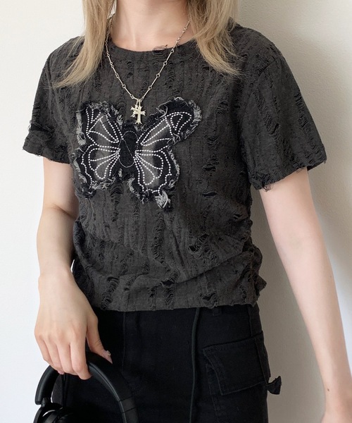 SHEPP(シープ)の「Y2Kバタフライモチーフコンパクトダメージ半袖Tシャツ(Tシャツ/カットソー・レディース・ブラック/ホワイト/グレー・F)」の13枚目の写真