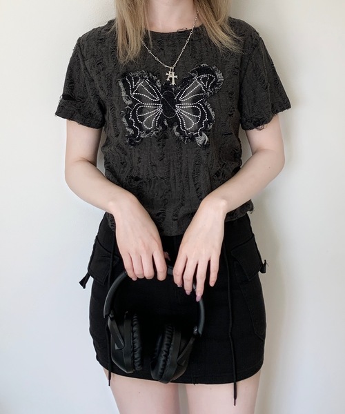 SHEPP(シープ)の「Y2Kバタフライモチーフコンパクトダメージ半袖Tシャツ(Tシャツ/カットソー・レディース・ブラック/ホワイト/グレー・F)」の14枚目の写真
