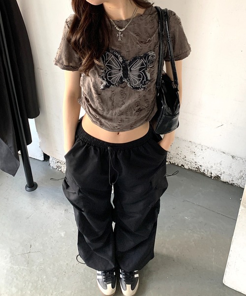 SHEPP(シープ)の「Y2Kバタフライモチーフコンパクトダメージ半袖Tシャツ(Tシャツ/カットソー・レディース・ブラック/ホワイト/グレー・F)」の16枚目の写真