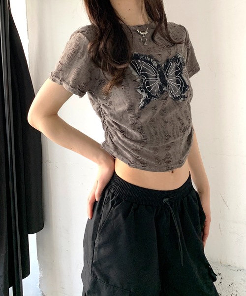 SHEPP(シープ)の「Y2Kバタフライモチーフコンパクトダメージ半袖Tシャツ(Tシャツ/カットソー・レディース・ブラック/ホワイト/グレー・F)」の17枚目の写真
