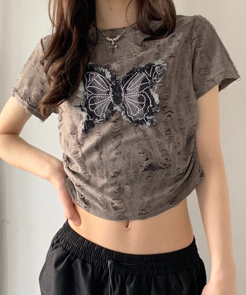 SHEPP(シープ)の「Y2Kバタフライモチーフコンパクトダメージ半袖Tシャツ(Tシャツ/カットソー・レディース・ブラック/ホワイト/グレー・F)」の20枚目の写真
