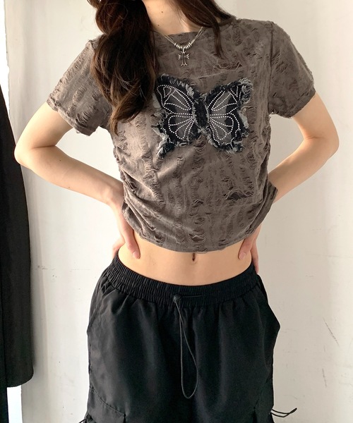 SHEPP(シープ)の「Y2Kバタフライモチーフコンパクトダメージ半袖Tシャツ(Tシャツ/カットソー・レディース・ブラック/ホワイト/グレー・F)」の21枚目の写真