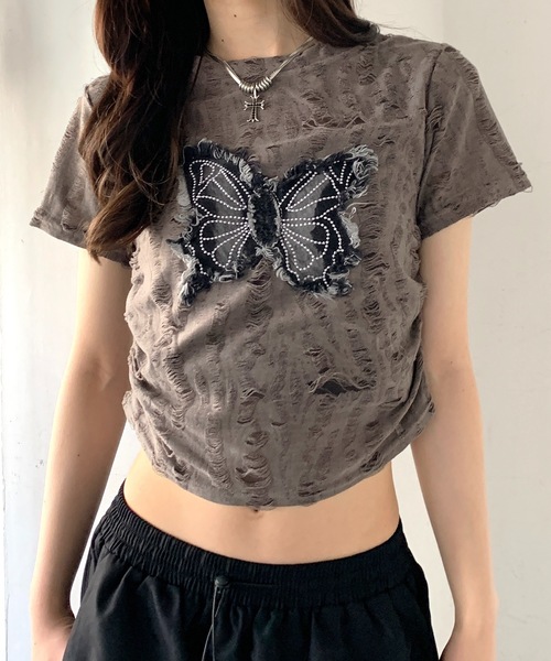 SHEPP(シープ)の「Y2Kバタフライモチーフコンパクトダメージ半袖Tシャツ(Tシャツ/カットソー・レディース・ブラック/ホワイト/グレー・F)」の22枚目の写真