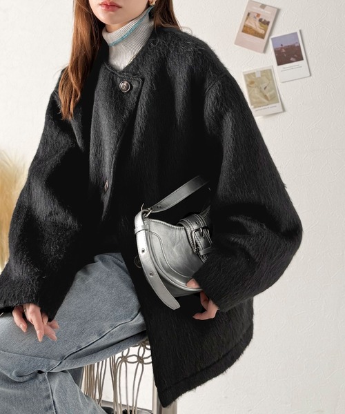 classicalelf（クラシカルエルフ）の「リラックス感漂うゆったり大人シルエット。ムードをまとう。ミックスシャギーミドルコート（ノーカラーコート・レディース・ブラック/ブラウン/グレー・LARGE/X-LARGE/MEDIUM/SMALL）」の6枚目の写真