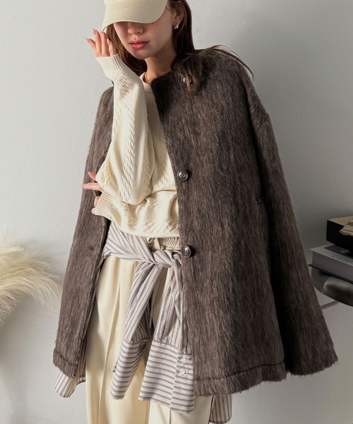 classicalelf（クラシカルエルフ）の「リラックス感漂うゆったり大人シルエット。ムードをまとう。ミックスシャギーミドルコート（ノーカラーコート・レディース・ブラック/ブラウン/グレー・LARGE/X-LARGE/MEDIUM/SMALL）」の22枚目の写真