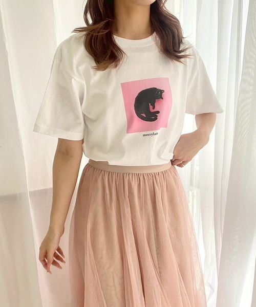 ＨJelly フリル付き黒半袖Tシャツ y/m | チュールドキングクロップドTシャツ (Tシャツ・カットソー