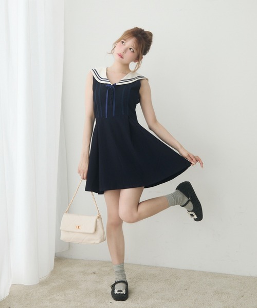 【限定1着】ハンドメイド　レディース　ノースリーブワンピース　リップル♬ セーラーノースリーブワンピース（ワンピース）｜TITTY&CO