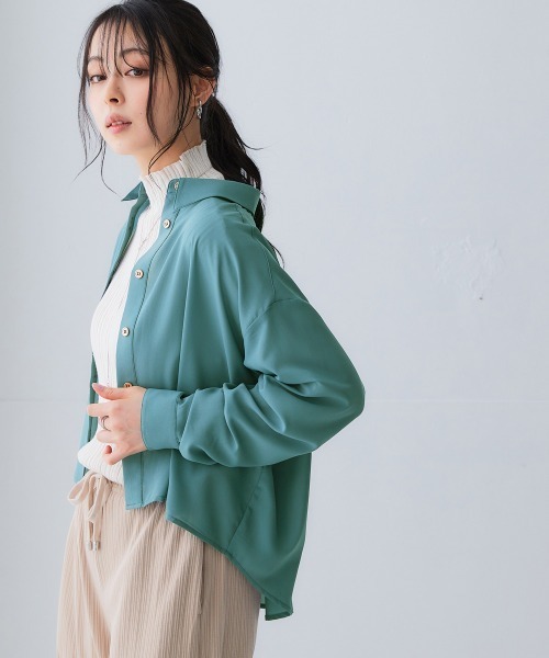 SMILE LAND（スマイルランド）の「＜大きいサイズ＞ シアーショート丈シャツ（吸汗速乾・防しわ）（シャツ/ブラウス・レディース・グリーン/ピンク/ブラウン系/ベージュ系・3L～4L/L～LL/5L～6L）」の9枚目の写真