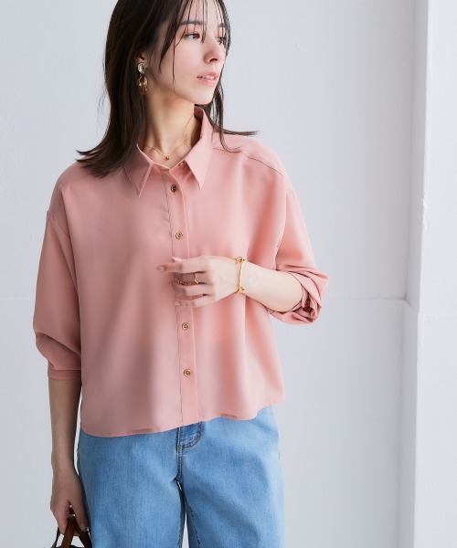 SMILE LAND（スマイルランド）の「＜大きいサイズ＞ シアーショート丈シャツ（吸汗速乾・防しわ）（シャツ/ブラウス・レディース・グリーン/ピンク/ブラウン系/ベージュ系・3L～4L/L～LL/5L～6L）」の18枚目の写真