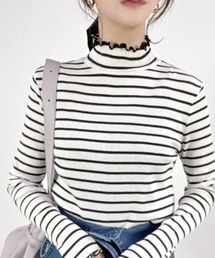 【さりげな可愛いは、配色フリルでつくる】テレコ長袖ハイネックトップス 秋服