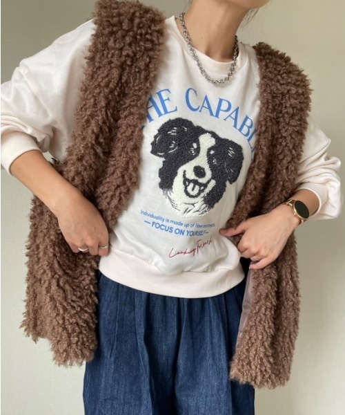 Belle Cie(ベルシー)の「ゆるワンコで映え確! サガラ刺しゅうスウェット トレーナー(スウェット・レディース・ブラック/アイボリー/オートミール・FREE)」の10枚目の写真