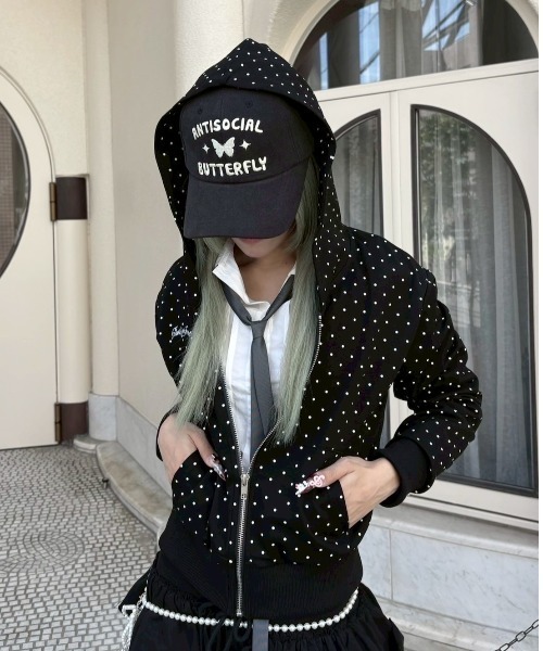 Never mind the XU / Chikashitsu+（ネバーマインド ザ エックスユー / チカシツプラス）の「【nmtc+】dot zip up hoodie / 【エヌエムティーシープラス】ドットジップパーカー（パーカー・レディース・グレー/ブラック・ONE SIZE）」の18枚目の写真