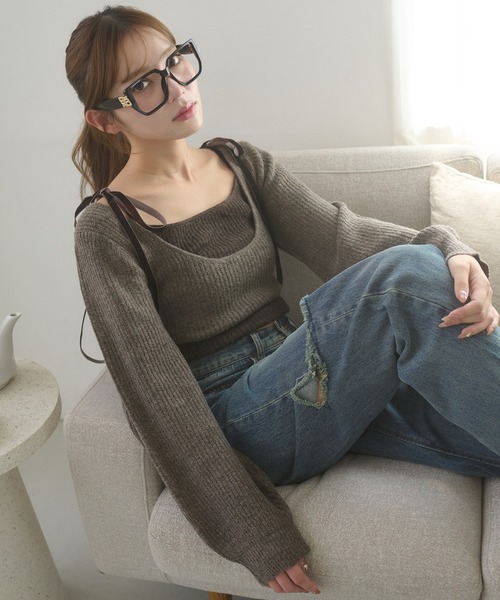 Ambre Neige(アンブルネージュ)の「velvet ribbon knit set / ベロアリボンニットセット(ニット/セーター・レディース・ブラウン系その他/ライトベージュ/チャコールグレー・FREE)」の2枚目の写真