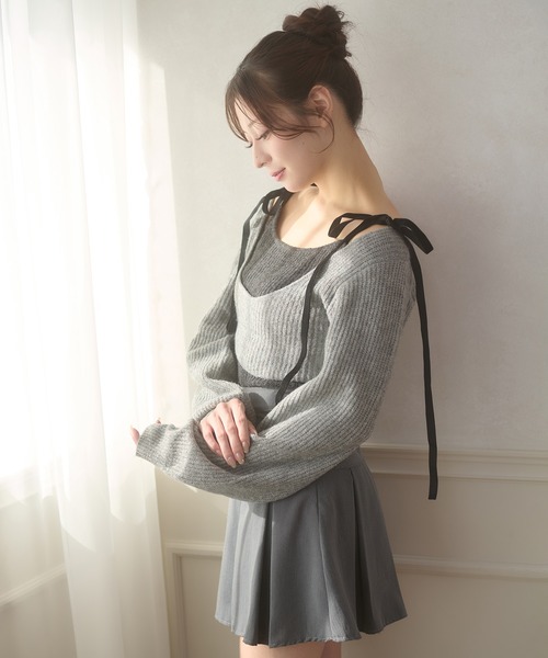 Ambre Neige(アンブルネージュ)の「velvet ribbon knit set / ベロアリボンニットセット(ニット/セーター・レディース・ブラウン系その他/ライトベージュ/チャコールグレー・FREE)」の1枚目の写真