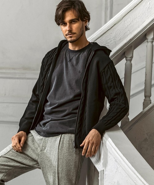 AKM Contemporary（エイケイエムコンテンポラリー）の「【WEB・直営店限定】AKM Contemporary(エイケイエムコンテンポラリー)クレイジーパターン サイドケーブル ニットパーカー(伸縮性/ストレッチ性)（パーカー・メンズ・ブラック/ホワイト/ブラウン・S/M/L/XL/XXL）」の14枚目の写真