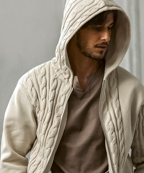 AKM Contemporary（エイケイエムコンテンポラリー）の「【WEB・直営店限定】AKM Contemporary(エイケイエムコンテンポラリー)クレイジーパターン サイドケーブル ニットパーカー(伸縮性/ストレッチ性)（パーカー・メンズ・ブラック/ホワイト/ブラウン・S/M/L/XL/XXL）」の7枚目の写真