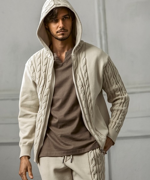 AKM Contemporary（エイケイエムコンテンポラリー）の「【WEB・直営店限定】AKM Contemporary(エイケイエムコンテンポラリー)クレイジーパターン サイドケーブル ニットパーカー(伸縮性/ストレッチ性)（パーカー・メンズ・ブラック/ホワイト/ブラウン・S/M/L/XL/XXL）」の8枚目の写真