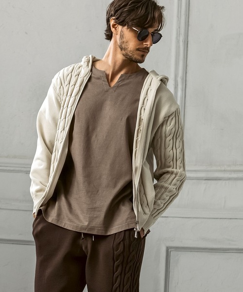 AKM Contemporary（エイケイエムコンテンポラリー）の「【WEB・直営店限定】AKM Contemporary(エイケイエムコンテンポラリー)クレイジーパターン サイドケーブル ニットパーカー(伸縮性/ストレッチ性)（パーカー・メンズ・ブラック/ホワイト/ブラウン・S/M/L/XL/XXL）」の10枚目の写真