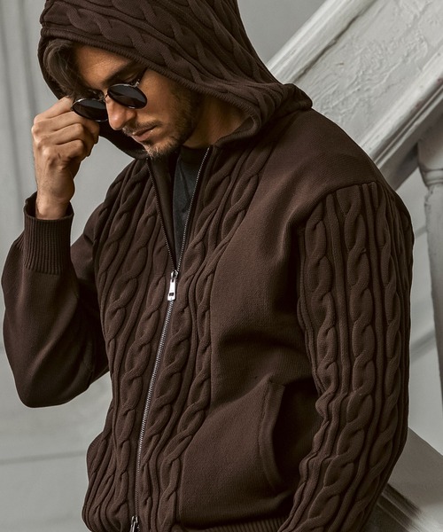 AKM Contemporary（エイケイエムコンテンポラリー）の「【WEB・直営店限定】AKM Contemporary(エイケイエムコンテンポラリー)クレイジーパターン サイドケーブル ニットパーカー(伸縮性/ストレッチ性)（パーカー・メンズ・ブラック/ホワイト/ブラウン・S/M/L/XL/XXL）」の19枚目の写真