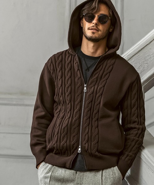 AKM Contemporary（エイケイエムコンテンポラリー）の「【WEB・直営店限定】AKM Contemporary(エイケイエムコンテンポラリー)クレイジーパターン サイドケーブル ニットパーカー(伸縮性/ストレッチ性)（パーカー・メンズ・ブラック/ホワイト/ブラウン・S/M/L/XL/XXL）」の20枚目の写真