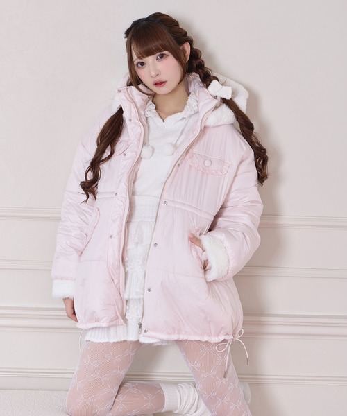 Honey Cinnamon(ハニーシナモン)の「ポイントエコファー中綿フードジャケット(ダウンジャケット/コート・レディース・アイボリー/ピンク・FREE)」の2枚目の写真