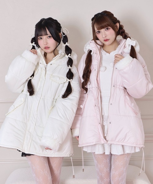 Honey Cinnamon(ハニーシナモン)の「ポイントエコファー中綿フードジャケット(ダウンジャケット/コート・レディース・アイボリー/ピンク・FREE)」の3枚目の写真