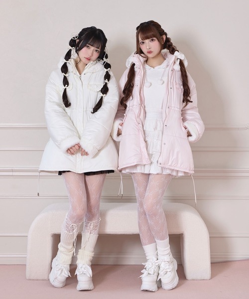 Honey Cinnamon(ハニーシナモン)の「ポイントエコファー中綿フードジャケット(ダウンジャケット/コート・レディース・アイボリー/ピンク・FREE)」の5枚目の写真