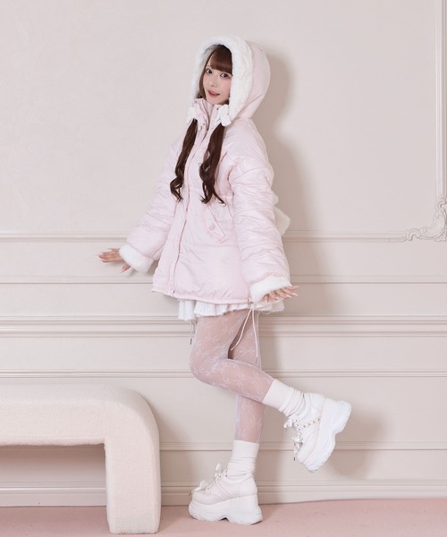 Honey Cinnamon(ハニーシナモン)の「ポイントエコファー中綿フードジャケット(ダウンジャケット/コート・レディース・アイボリー/ピンク・FREE)」の10枚目の写真