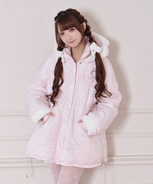 Honey Cinnamon(ハニーシナモン)の「ポイントエコファー中綿フードジャケット(ダウンジャケット/コート・レディース・アイボリー/ピンク・FREE)」の6枚目の写真