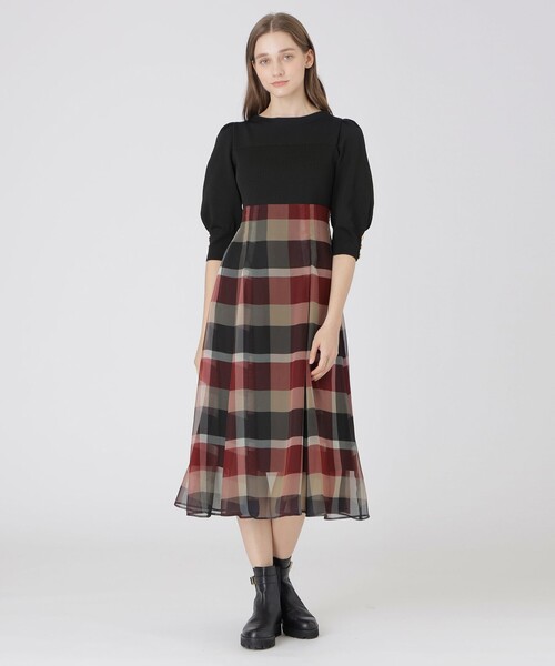 美品✨ブルーレーベルクレストブリッジ　チェックシフォンプリントワンピース　M シフォンコンビドレス（ワンピース）｜BLUE LABEL CRESTBRIDGE（ブルー