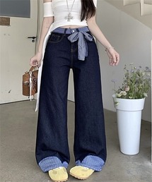 ウエストリボン チェック切り替えデニムパンツ