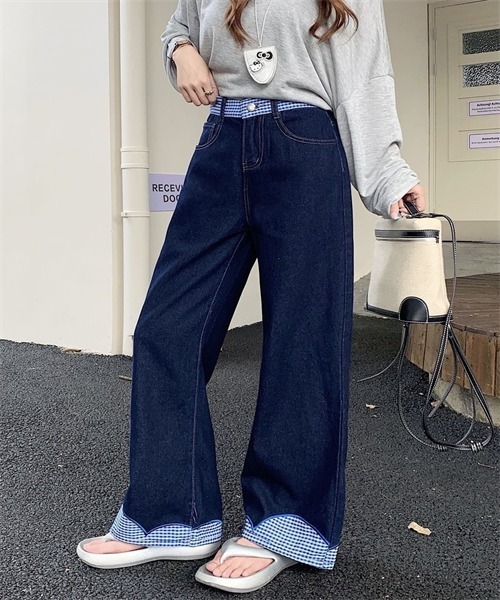Dream garden(ドリームガーデン)の「ウエストリボン チェック切り替えデニムパンツ(デニムパンツ・レディース・インディゴブルー・S/M/L/XL)」の14枚目の写真