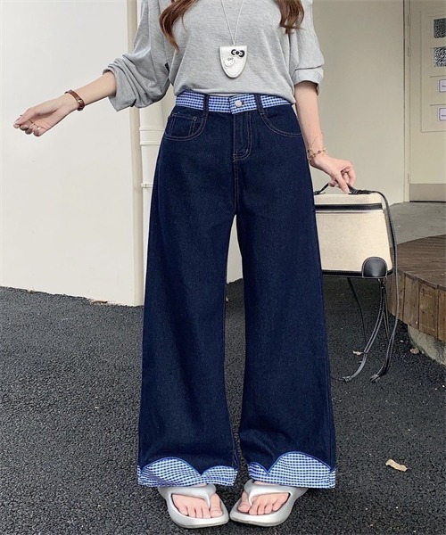 Dream garden(ドリームガーデン)の「ウエストリボン チェック切り替えデニムパンツ(デニムパンツ・レディース・インディゴブルー・S/M/L/XL)」の6枚目の写真