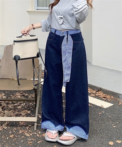 Dream garden(ドリームガーデン)の「ウエストリボン チェック切り替えデニムパンツ(デニムパンツ・レディース・インディゴブルー・S/M/L/XL)」の11枚目の写真