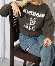 《ブルドッグ柄×カレッジロゴ》レディース ニット 静電気防止 マシンウォッシャブル