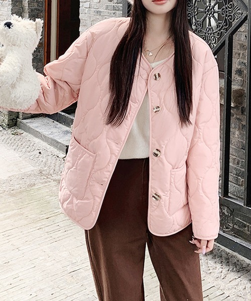 ピンク ノーカラージャケット ボタン付き jk1203 ゴールドボタンノーカラージャケット｜ジャケット｜韓国