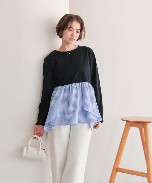 titivate(ティティベイト)の「異素材イレヘムドッキングカットソー(Tシャツ/カットソー・レディース・ブラック系その他/ピンク/ブラック/オフホワイト/グレー・L/M/S)」の1枚目の写真