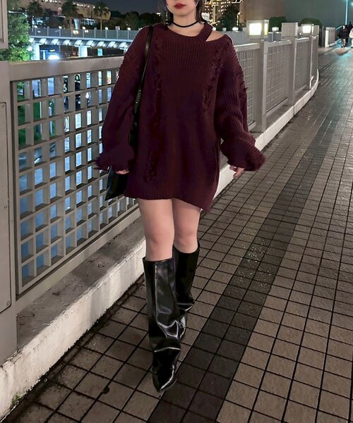 Mavie..7(メヴィセットゥ)の「【Mavie..7】ダメージフリンジオーバーニット(ニット/セーター・レディース・ブラック/ボルドー・FREE)」の19枚目の写真