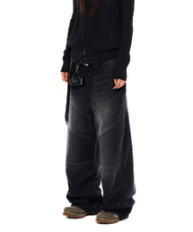 Knee Pin-Tuck Stitched Denim Pants (Black)（デニムパンツ）｜AAKAM