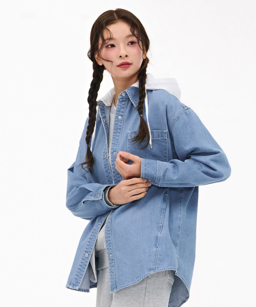 Women's Hooded Long Denim Shirt - Sky Blue