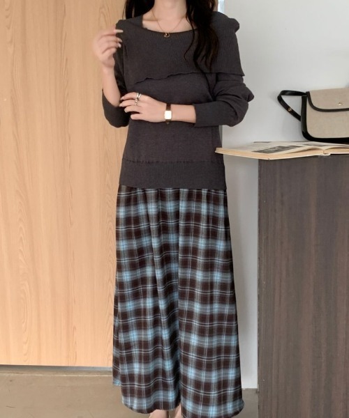 ABITOKYO(アビトーキョー)の「異素材チェックドッキングニットワンピース(ワンピース・レディース・ベージュ/グレー・FREE)」の7枚目の写真