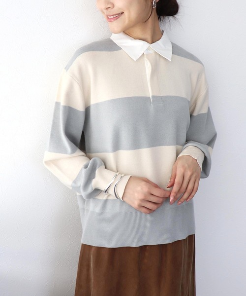 Jines(ジネス)の「強撚ニットポロトップス(ニット/セーター・レディース・ベージュ/チャコールグレー・38)」の2枚目の写真