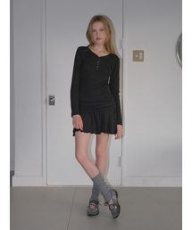 Ribbed Button Shirring Dress, Black