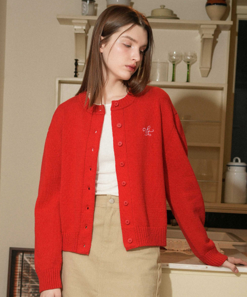 Cotton Round Knit Cardigan (red)