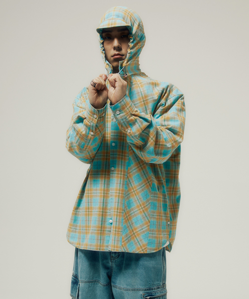 Cavish(カビシ)の「CHECK SHIRT HOODIE BLUE(CV2ESUW320A)(シャツ/ブラウス・レディース・ブルー・MEDIUM/LARGE)」の9枚目の写真